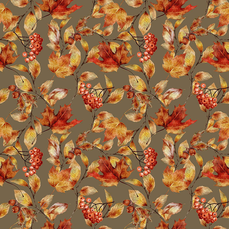 Autumn Leaf Stone botanical curtain fabric with painted orange leaves and berries on an earthy taupe background
