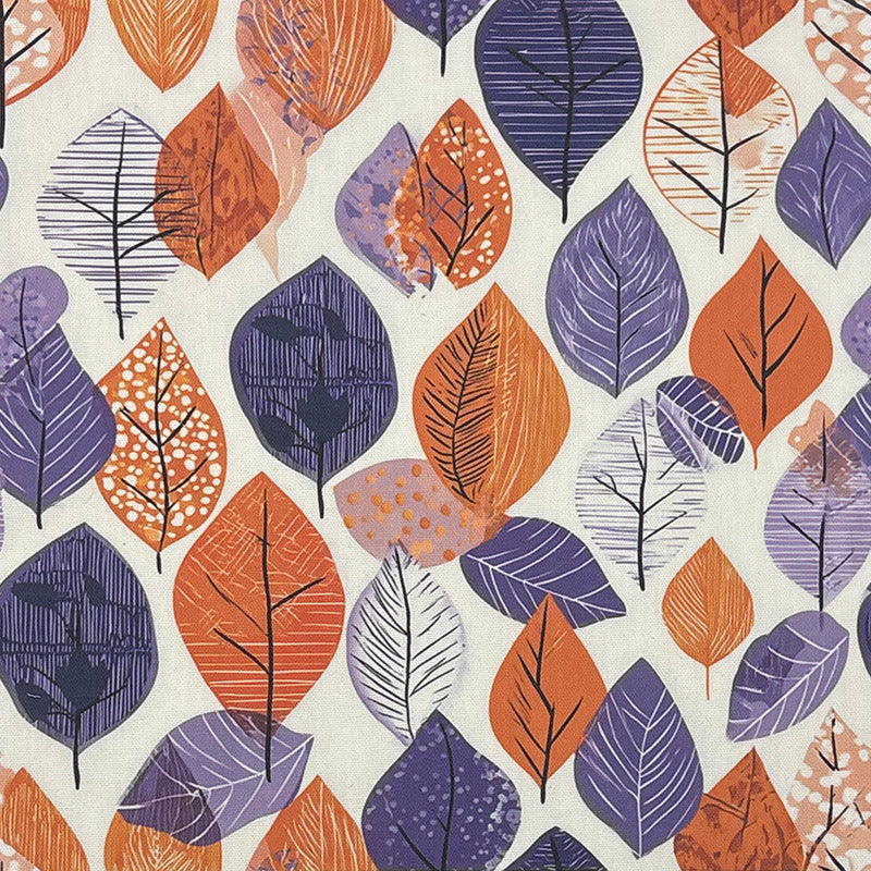 Leaf pattern curtain fabric with orange and purple leaves printed on cotton