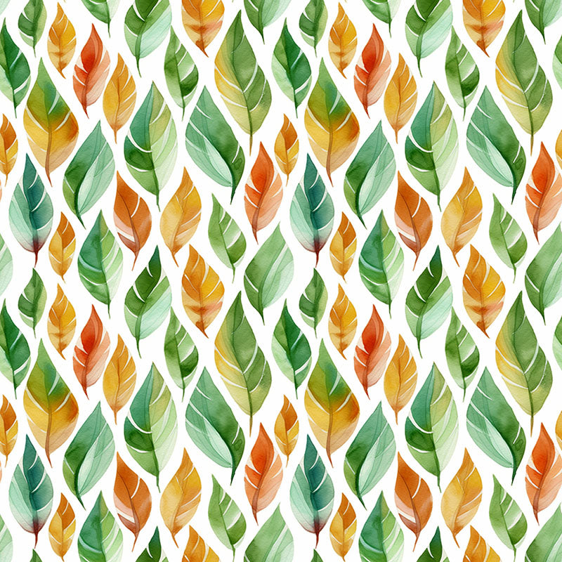 Avon washable leaf curtain fabric with green, ochre and orange watercolour foliage on ivory