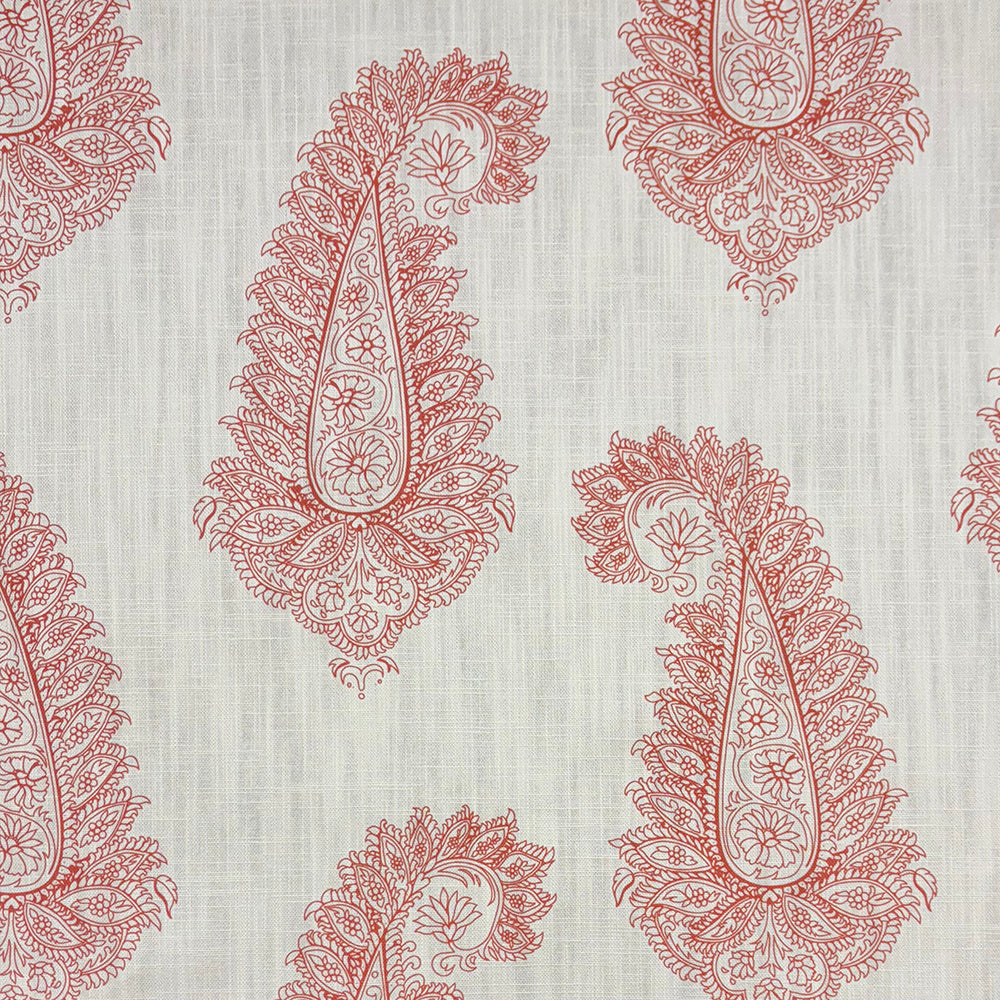 Baku Paisley Linen curtain fabric with intricate henna-red paisley pattern on a natural linen background.
