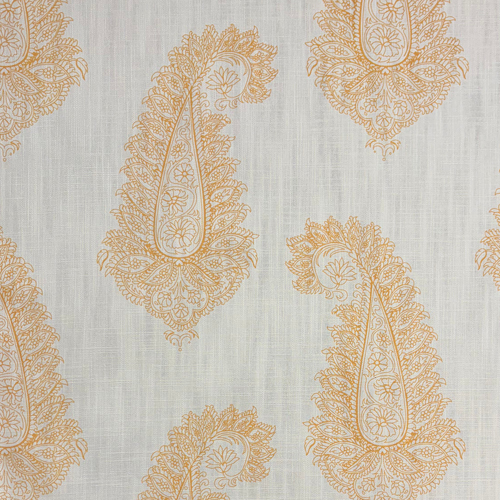 Baku Paisley Linen curtain fabric with intricate ochre yellow paisley pattern on a natural linen background.