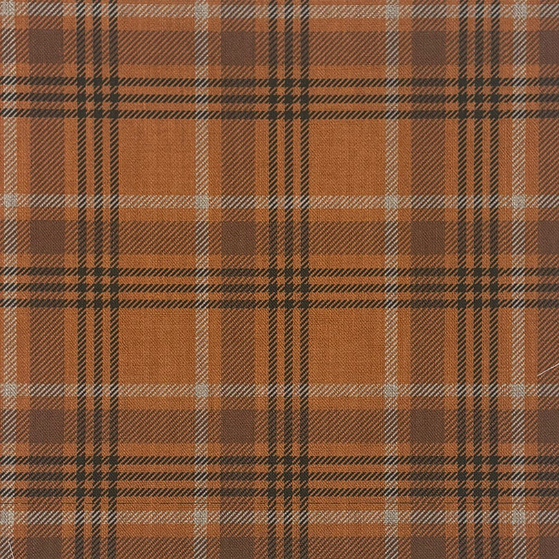 Flat view of Ballantrae Orange Plaid Upholstery Fabric with burnt orange, brown and ivory checks