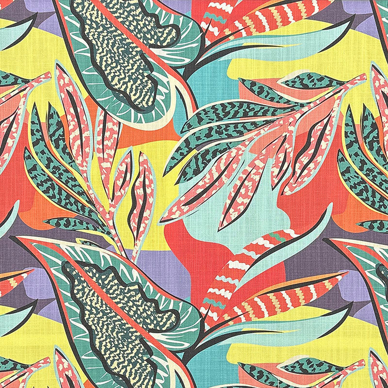 bold leaf curtain fabric with tropical leaf design in coral teal and mustard tones on linen blend basecloth