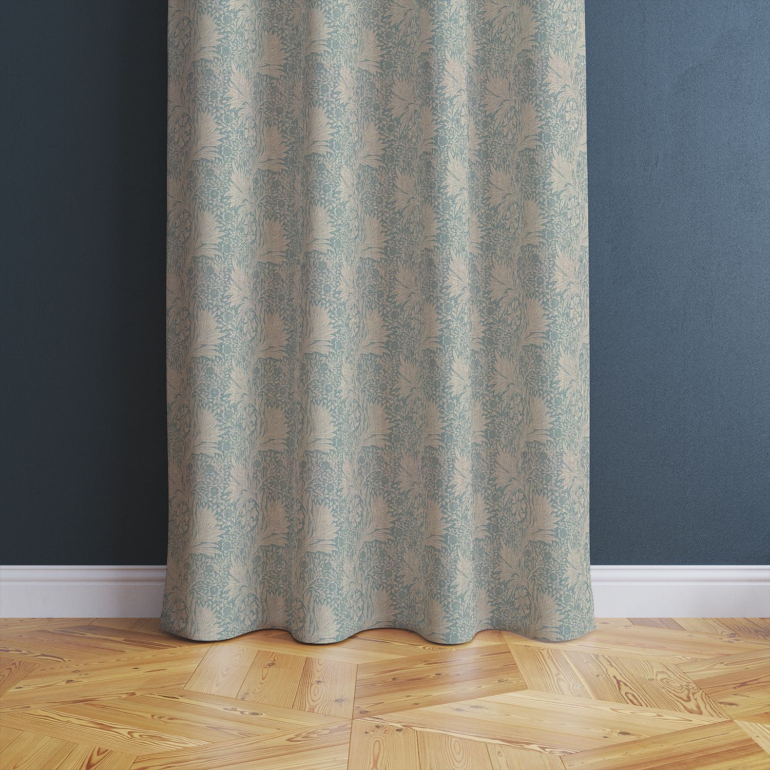 Barford Duck Egg floral curtain fabric styled in a draped curtain room set