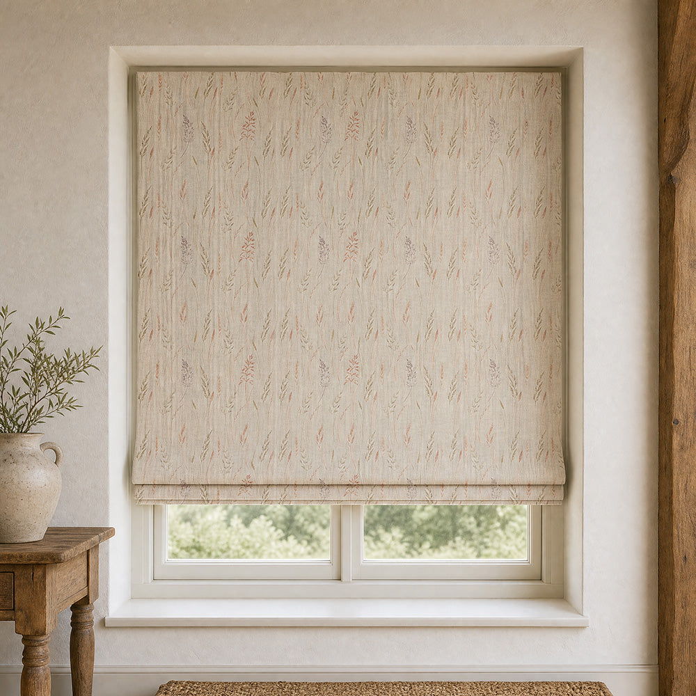 Barley Field natural linen Roman blind with a delicate meadow grass print in a country interior