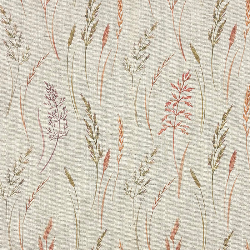 Barley Field botanical linen curtain fabric with terracotta and olive grasses on a natural base
