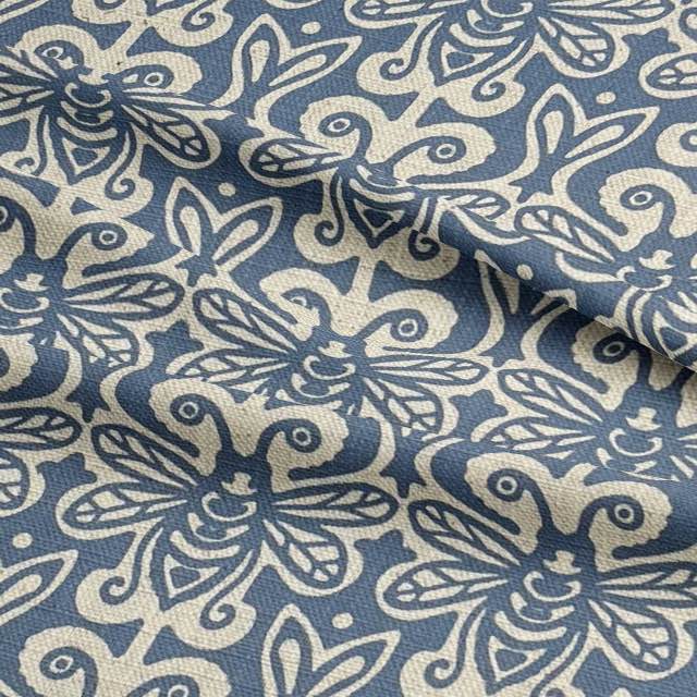 Bees Queen Blue - Animal Upholstery Fabric UK