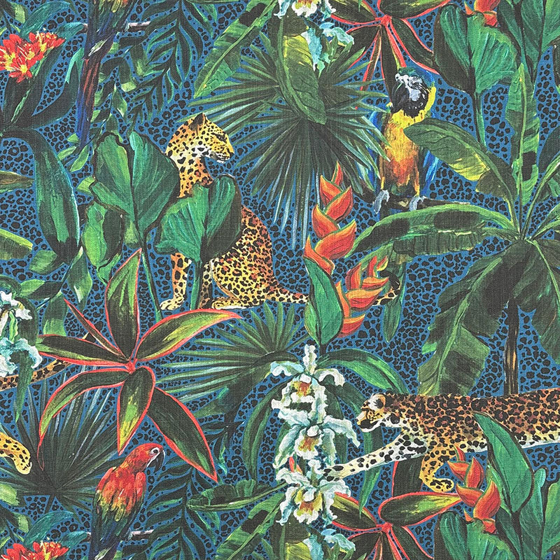 animal curtain fabric with tropical jungle leaves, leopards and parrots printed on linen blend fabric