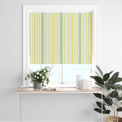 Boston Stripe Green Cotton Curtain Fabric shown as a made-to-measure Roman blind, ideal for kitchens and modern interiors.