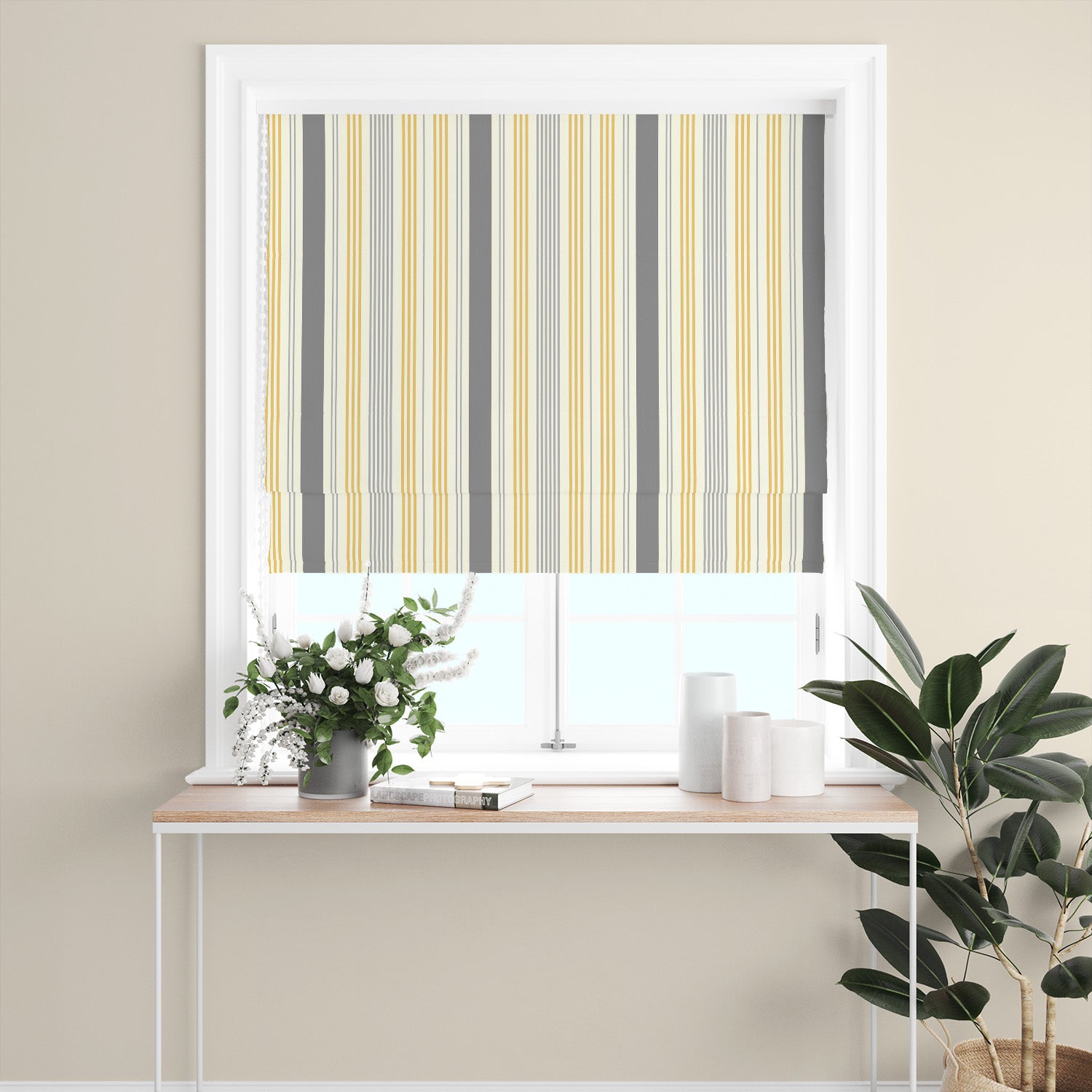 Boston Stripe Ochre Cotton Curtain Fabric styled as a Roman blind with bold yellow and grey stripes, perfect for contemporary spaces.