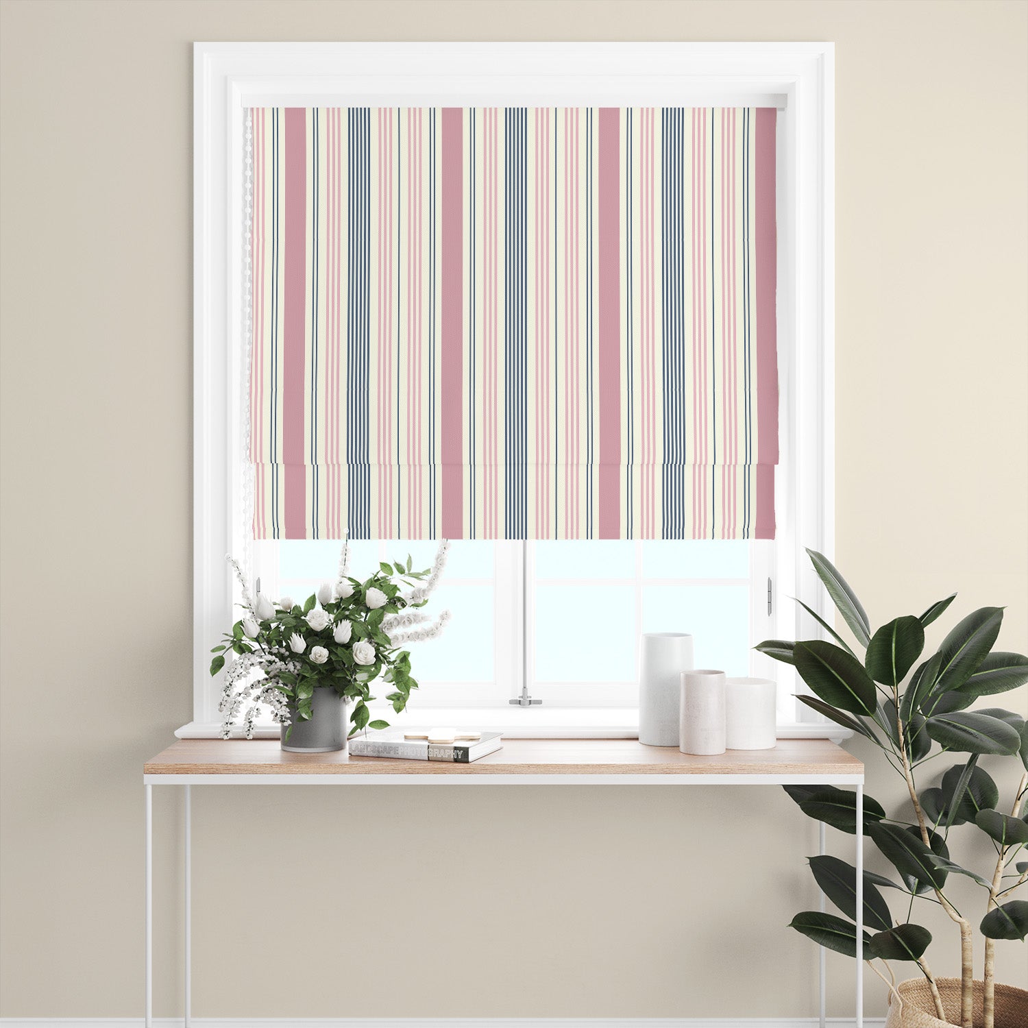 Boston Stripe Pink Cotton Curtain Fabric displayed as a Roman blind with soft pink and navy stripes, suitable for classic or modern interiors.