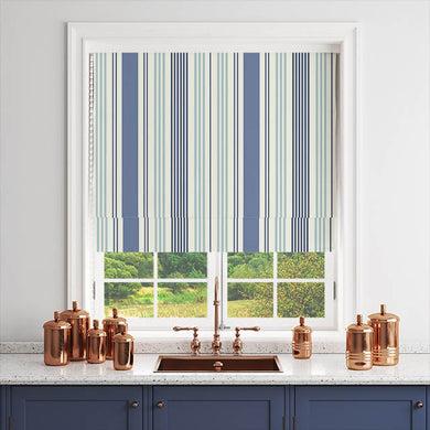 Gorgeous Boston Stripe Cotton Curtain Fabric - Blue featuring a modern, sophisticated blue color palette and premium cotton fabric for a chic and contemporary window treatment