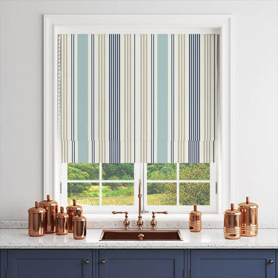  Interior design photo of Boston Stripe Cotton Curtain Fabric in Mineral, highlighting its versatility and ability to complement various decorating styles 