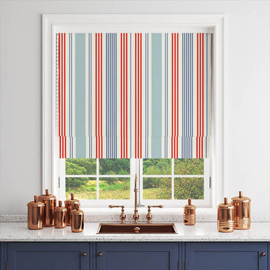 Red cotton curtain fabric with classic vertical stripes in varying widths