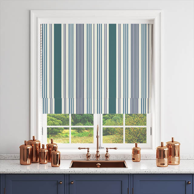 High-quality cotton curtain fabric featuring teal color and stylish stripes