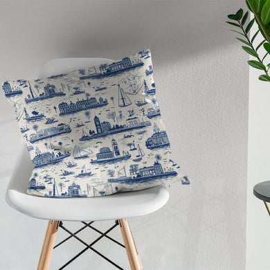 Blue curtain fabric featuring classic Boston toile print for timeless appeal
