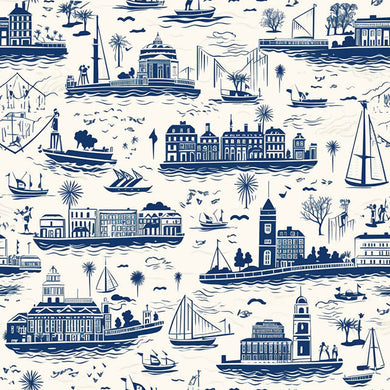 Blue cotton curtain fabric with Boston toile pattern for elegant decor