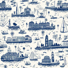 Blue cotton curtain fabric with Boston toile pattern for elegant decor
