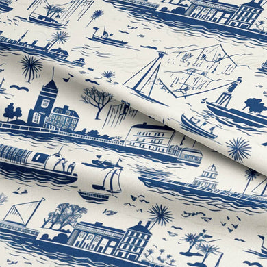  High-quality blue cotton fabric with intricate Boston toile design