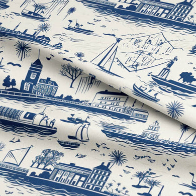 High-quality blue cotton fabric with intricate Boston toile design