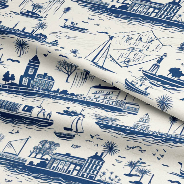  High-quality blue cotton fabric with intricate Boston toile design