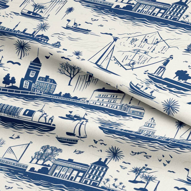 High-quality blue cotton fabric with intricate Boston toile design