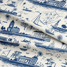 High-quality blue cotton fabric with intricate Boston toile design