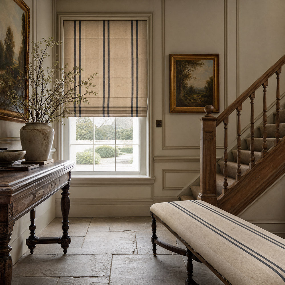 Braemar Stripe Upholstery Fabric in Charcoal roomset with striped upholstery