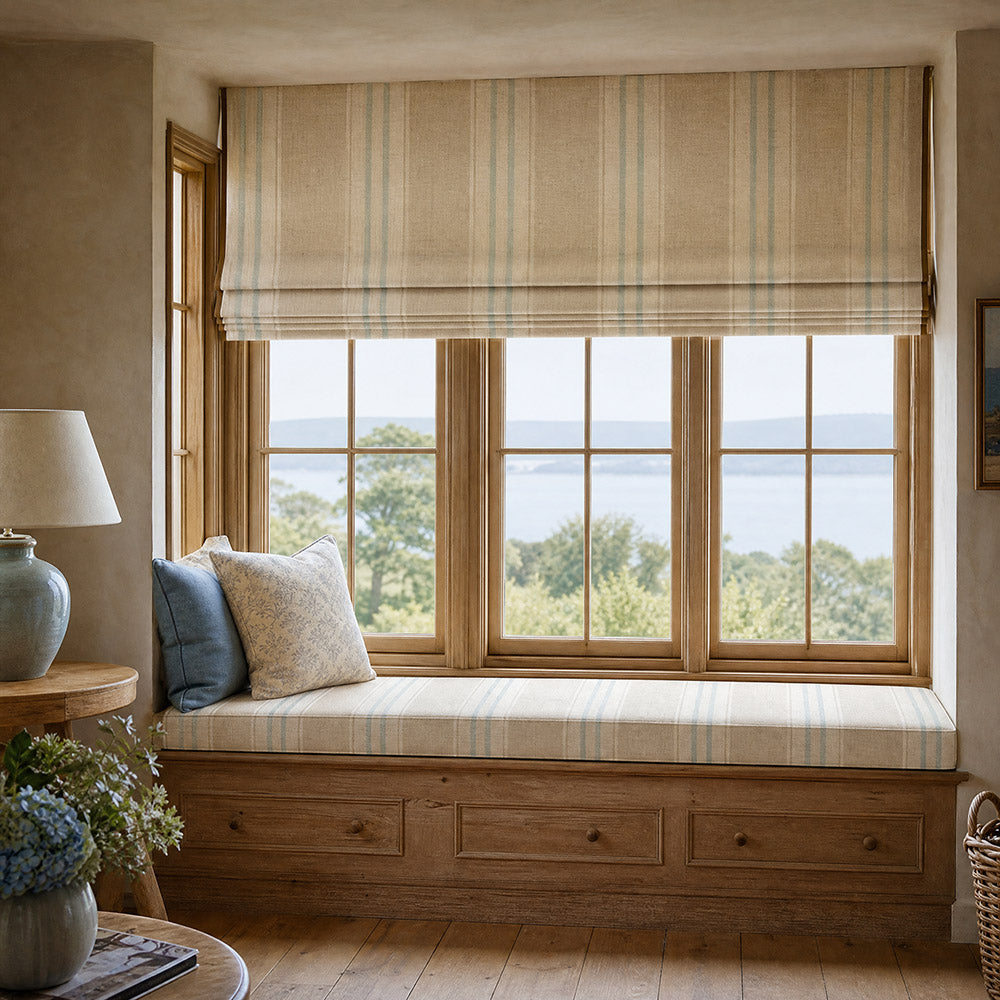Braemar Stripe Upholstery Fabric in Duck Egg roomset for curtains and upholstery