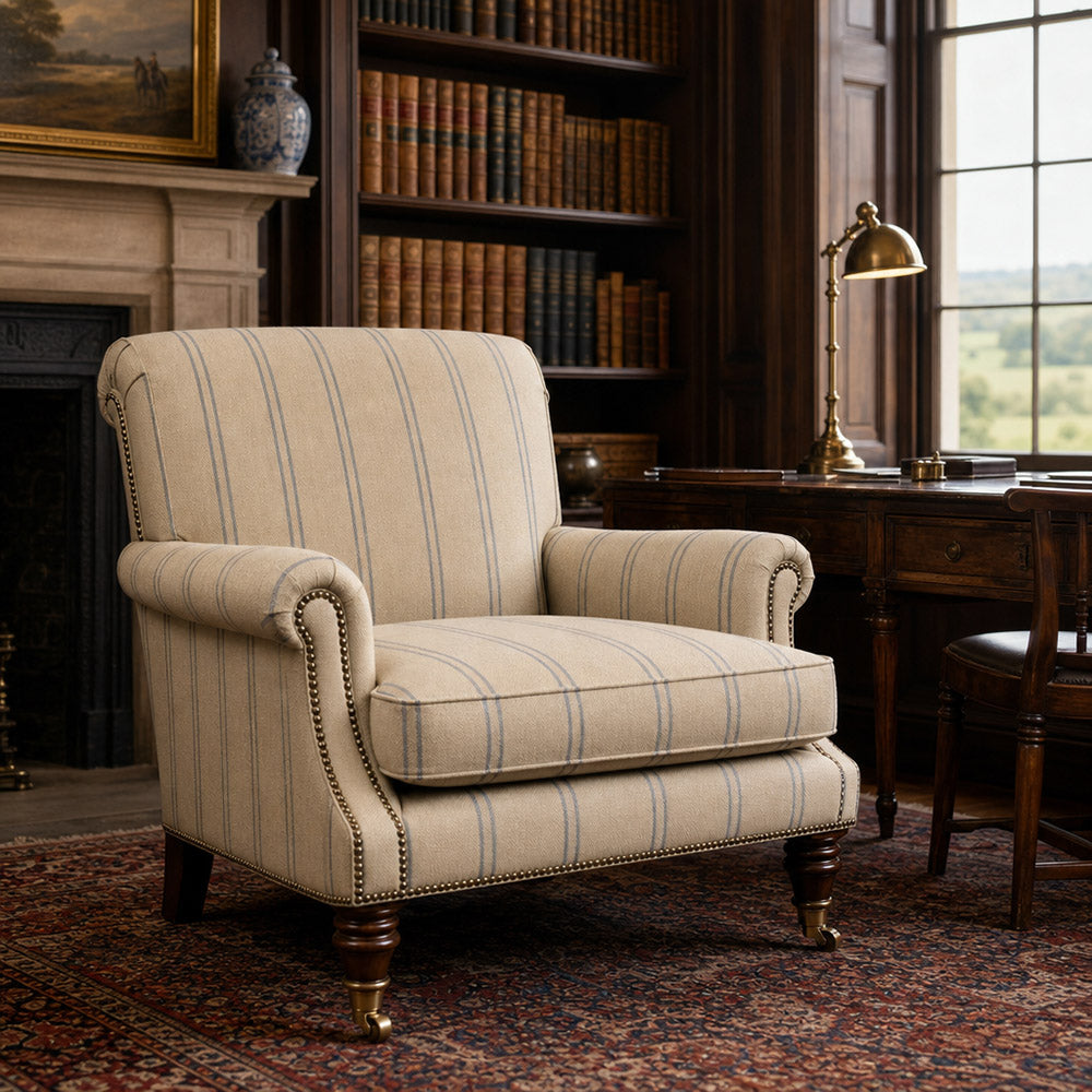 Braemar Navy striped upholstery fabric on armchair, blue stripe fabric for heavy duty domestic chairs and tailored soft furnishings