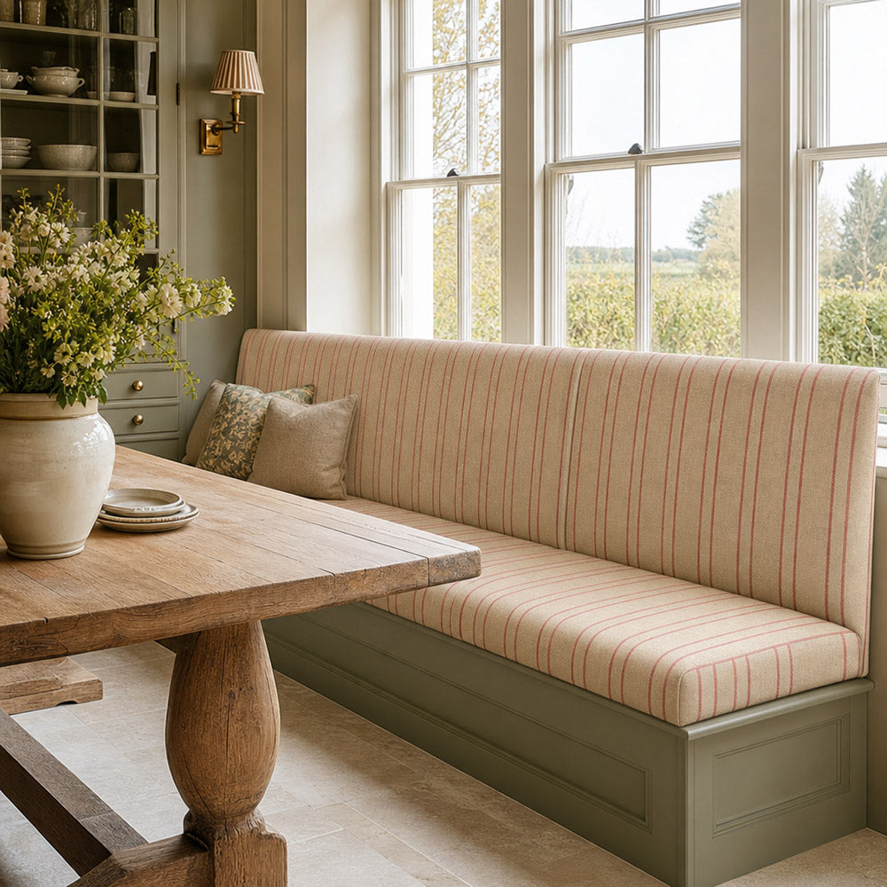 Braemar Red striped upholstery fabric on bench, classic red stripe fabric for seating, cushions and country-style interiors