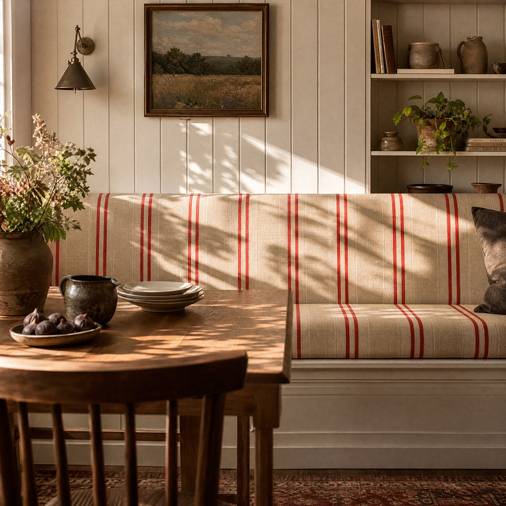 Braemar Stripe Upholstery Fabric in Red roomset with striped upholstery fabric