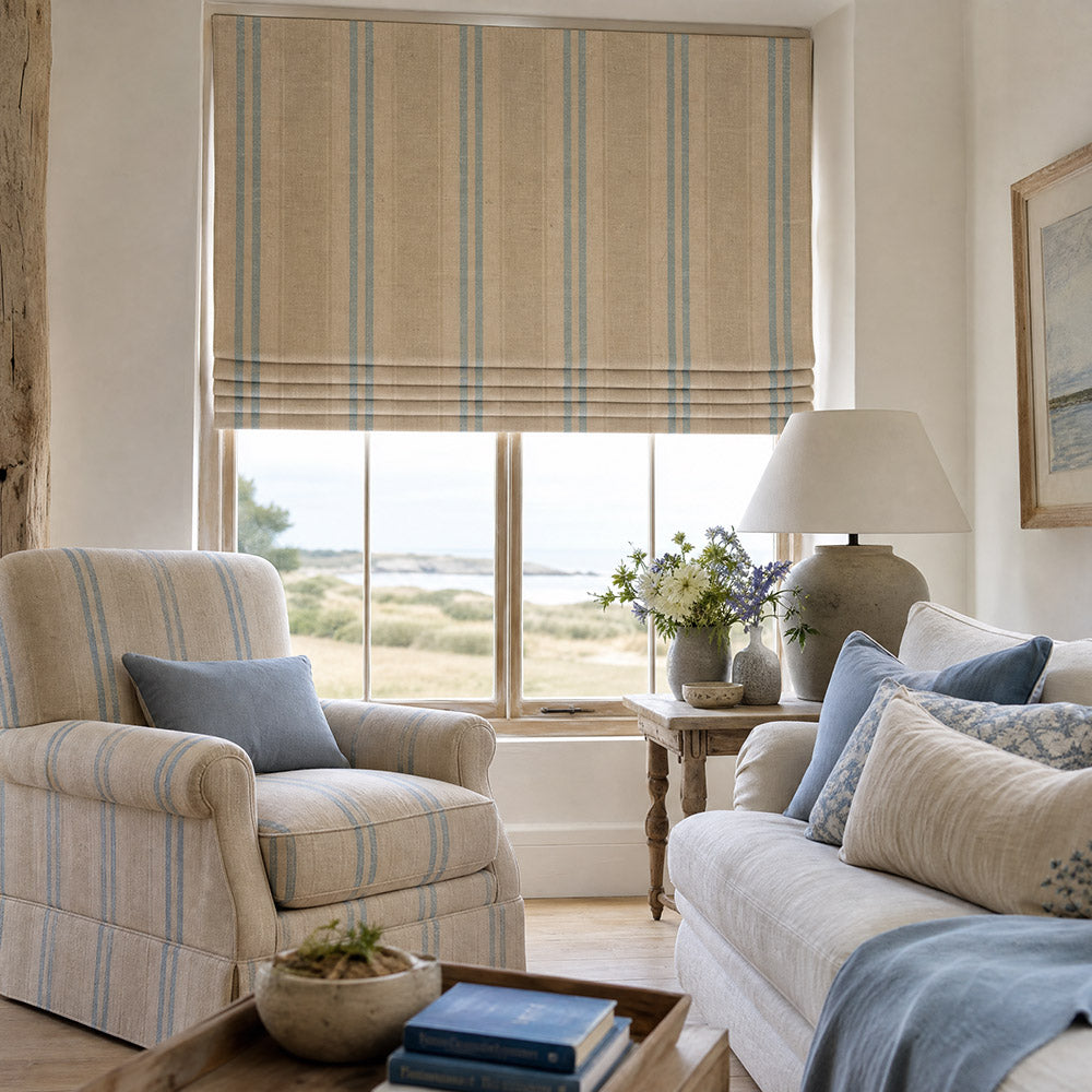 Braemar Stripe Upholstery Fabric in Sky roomset for curtains and upholstery