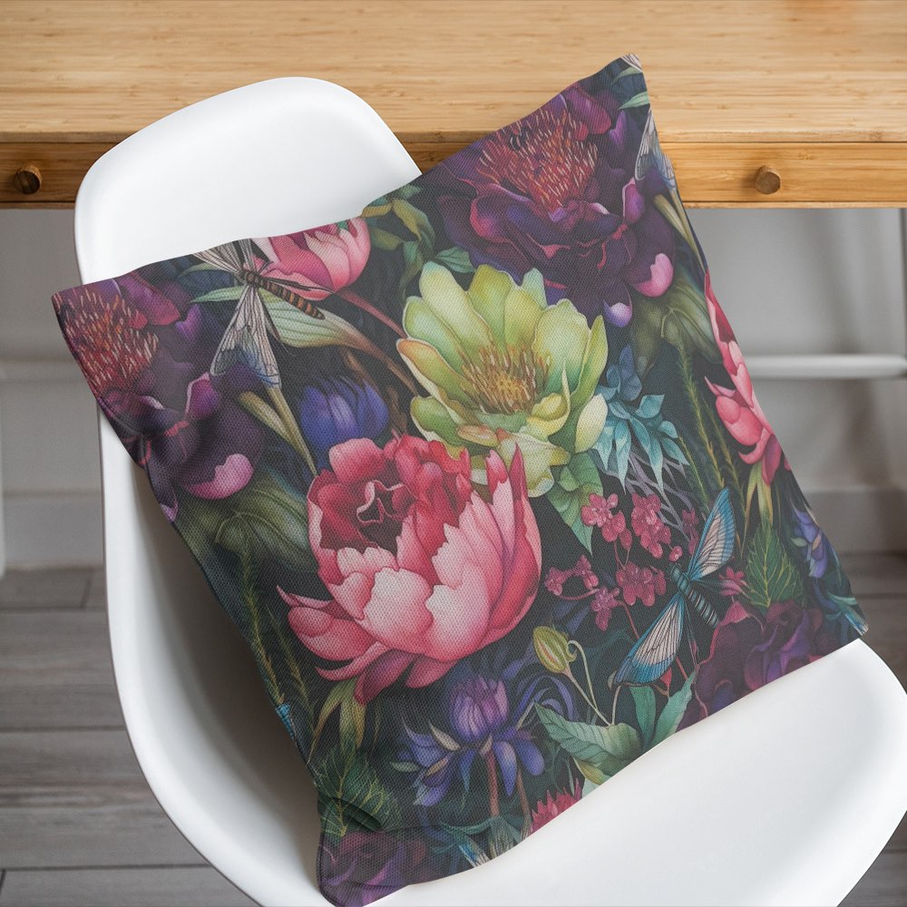 Cushion made from Brazil Multi floral cotton curtain fabric with pink and green flowers and dragonflies