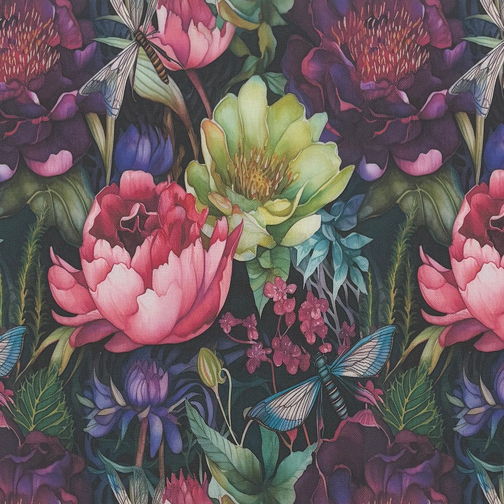 Brazil Multi floral cotton curtain fabric with bold tropical flower design on black background