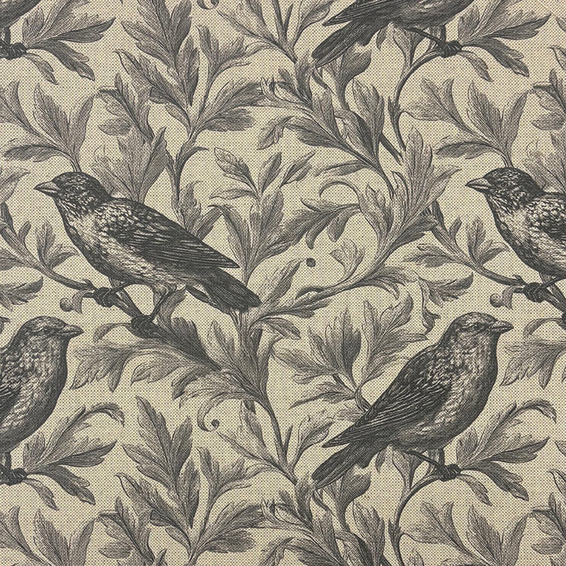 Brewood bird style upholstery fabric flat lay showing detailed sketched birds on natural background