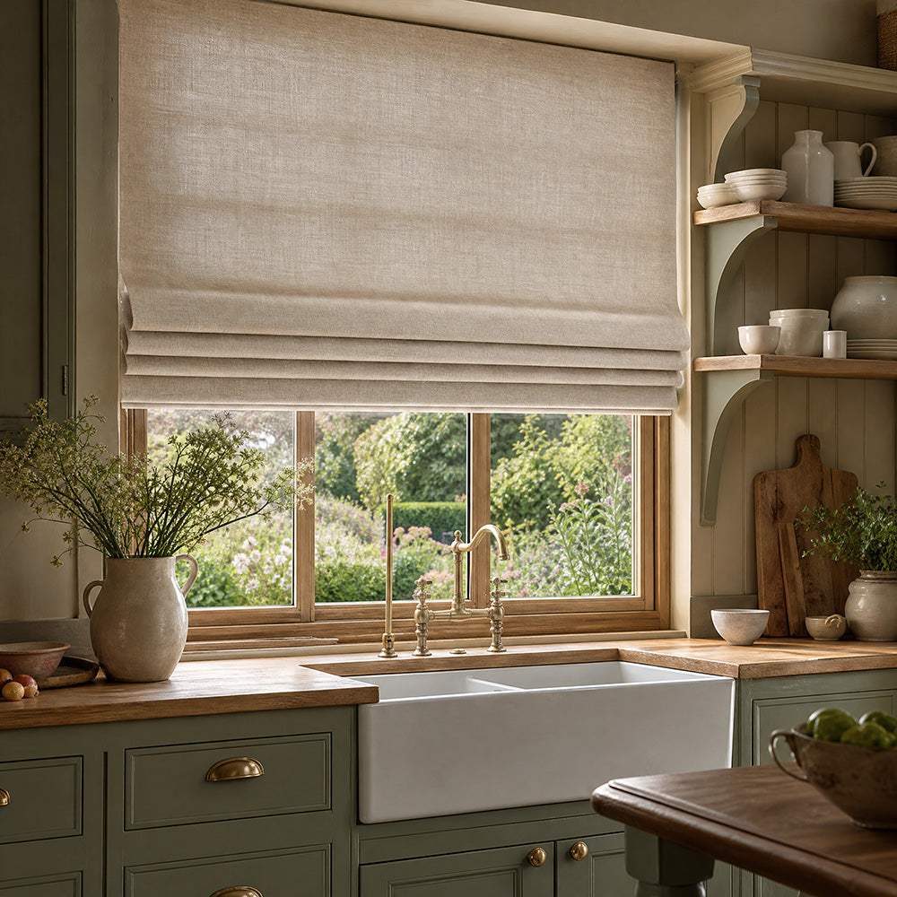 Broadway Plain Linen Fabric in natural beige shown as a tailored Roman blind in a traditional country kitchen with sage green cabinetry, oak worktops, farmhouse sink and soft natural daylight.