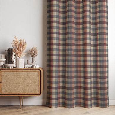 Cairn Plaid Airforce Blue checked linen curtain fabric hanging in soft pleats