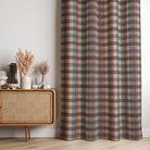 Cairn Plaid Airforce Blue checked linen curtain fabric hanging in soft pleats