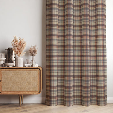 Cairn Plaid Clementine orange check linen curtain fabric styled as full-length curtains
