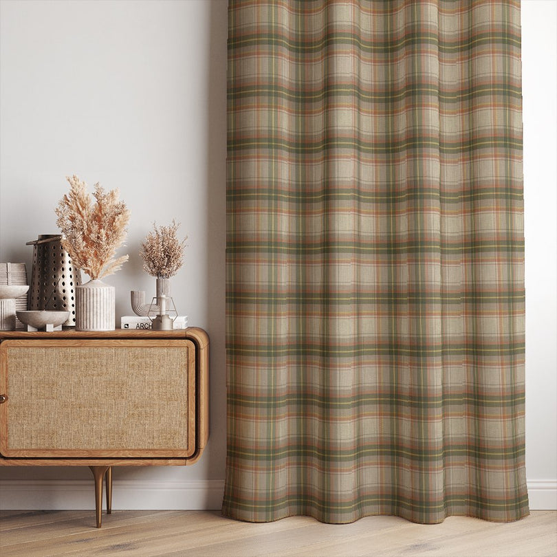 Cairn Plaid Satsuma check linen curtain fabric styled as relaxed drapery