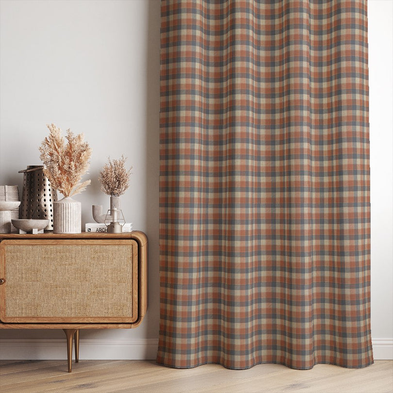 Cairn Plaid Tangerine linen cotton curtain fabric with bold orange and red check pattern