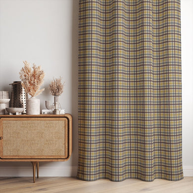 Cairn Plaid Yellow check linen curtain fabric styled as full-length pleated curtains