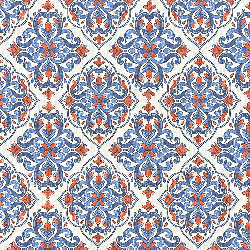 blue curtain fabric with mediterranean tile pattern in geometric floral design printed on linen blend