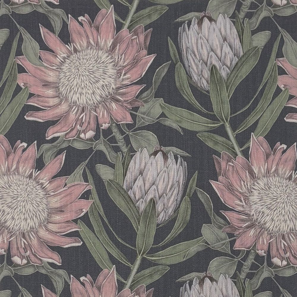 Calstock Navy floral linen curtain fabric with detailed botanical floral motif in grey and ivory on a deep navy base