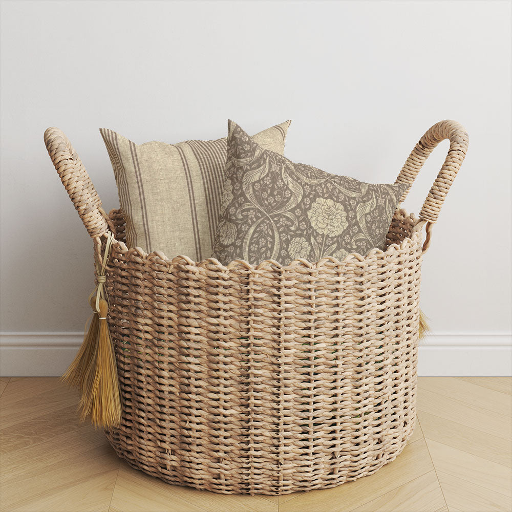 Beige Camellia striped and damask cushions styled as a warm neutral coordinated fabric pairing