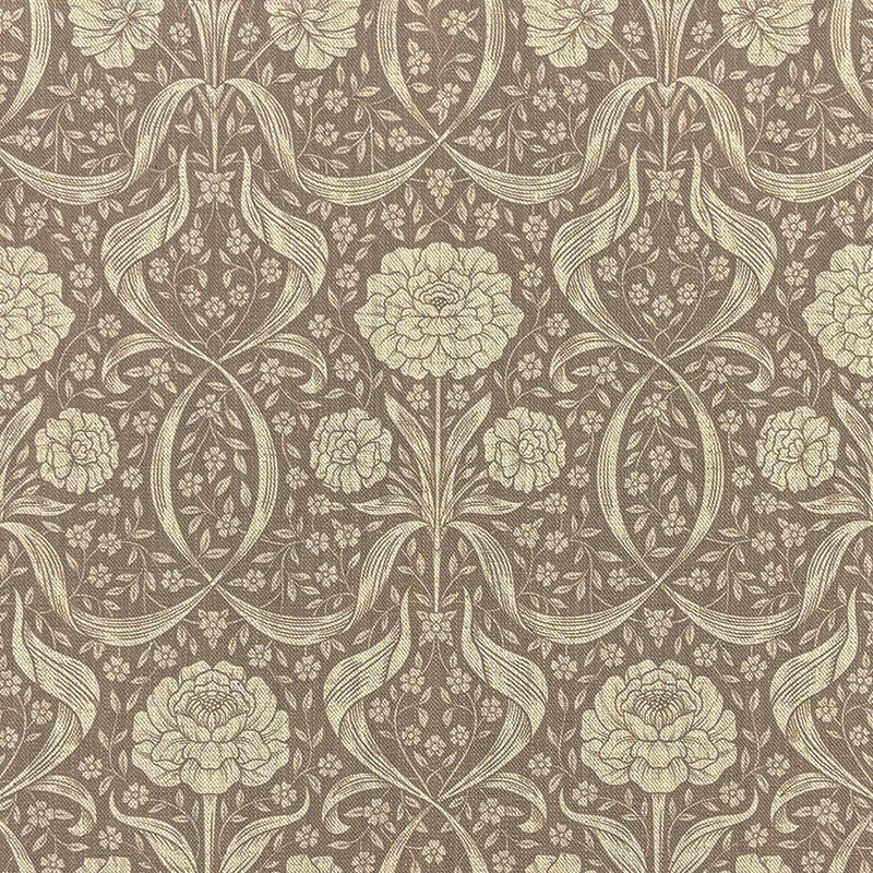 Camellia Damask Beige linen curtain fabric with softly defined flowers and flowing leaves
