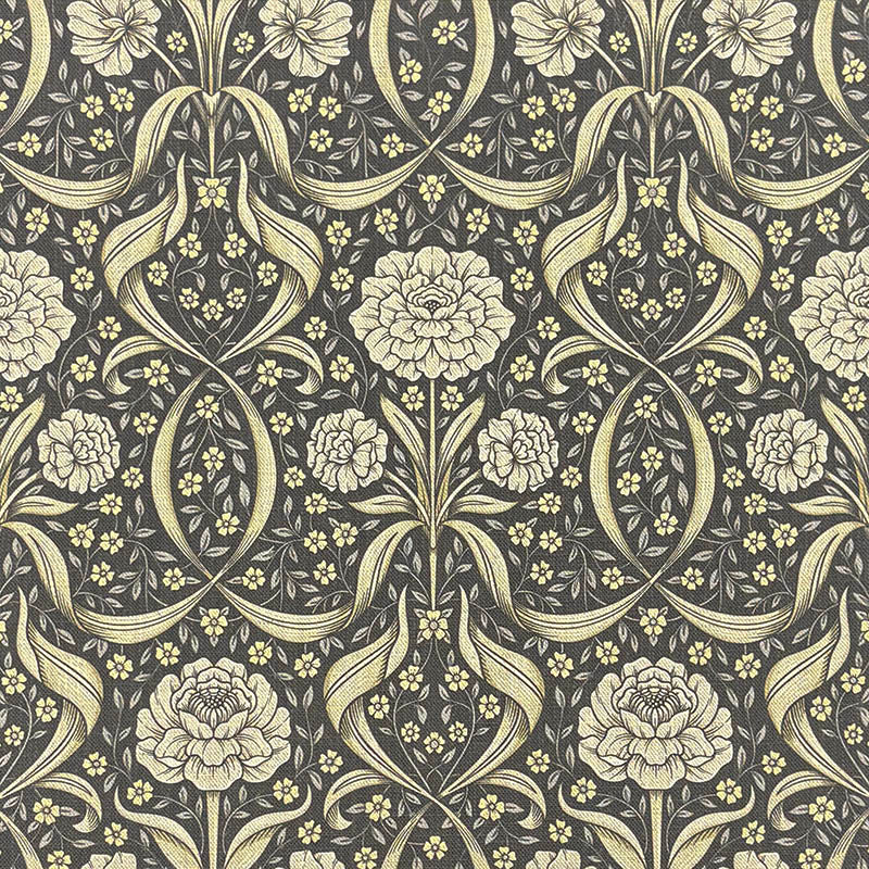 Camellia Damask Black floral linen curtain fabric with elegant cream and muted gold botanical pattern