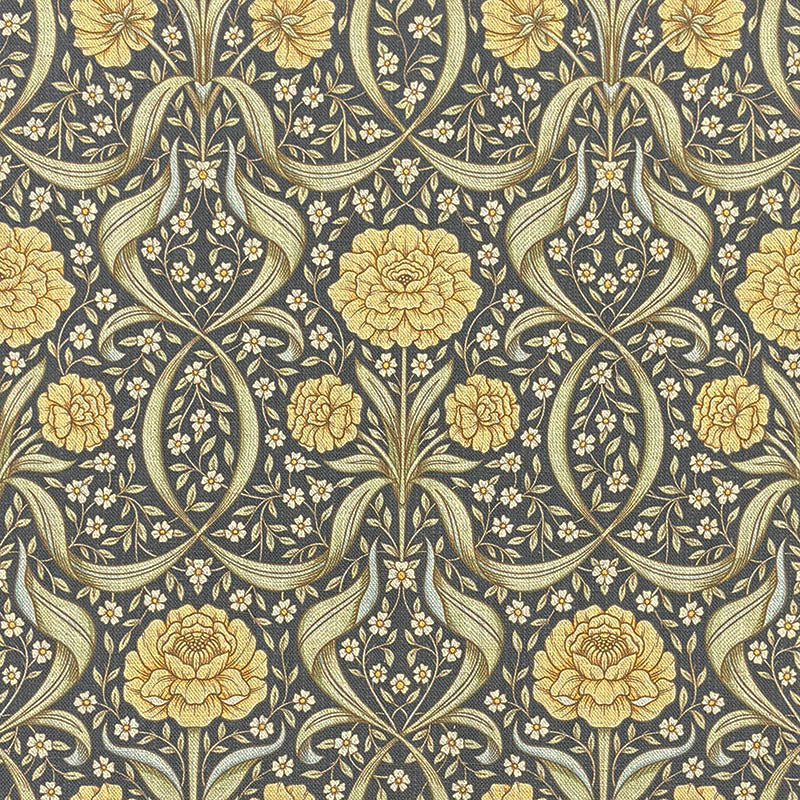 Camellia Damask Charcoal Gold linen curtain fabric with ornate gold flowers and charcoal foliage