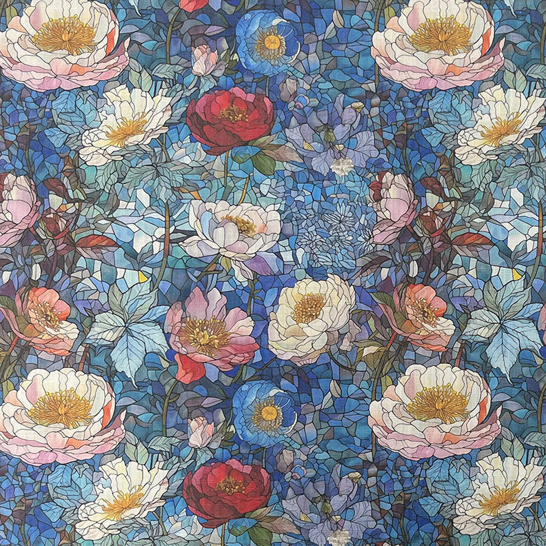 Canterbury Flower Blue velvet upholstery fabric flat image with cool-toned floral design in blue, white, and blush pink on deep navy background